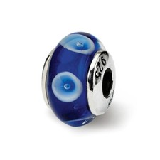 Blue w/ White Design Hand Blown Glass Kids Bead Sterling Silver Reflection Beads