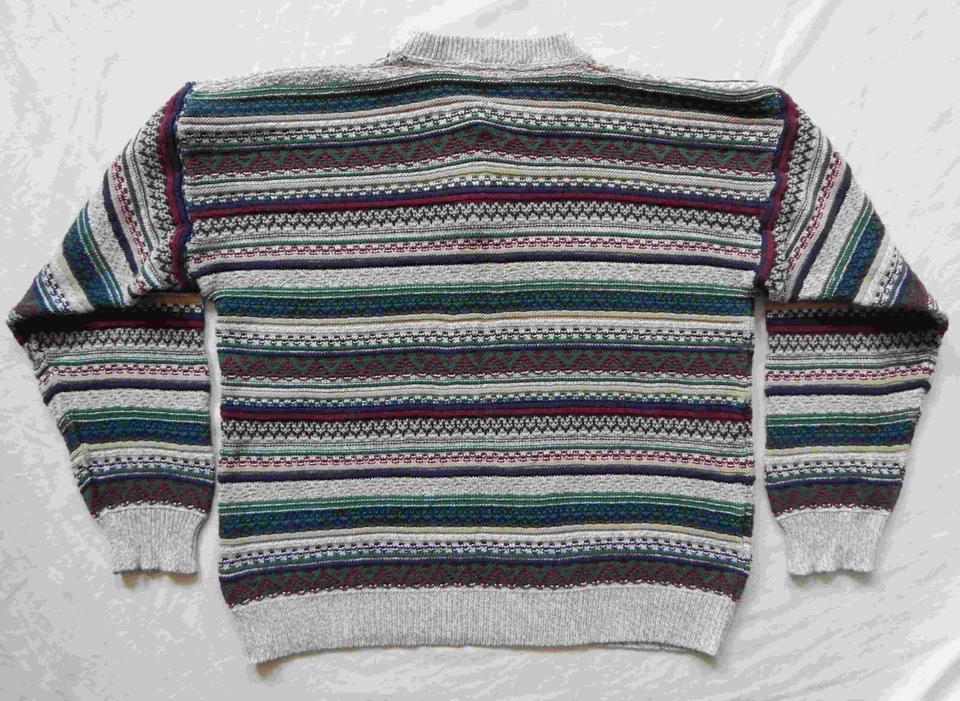 Green White Red Striped Henley Neck Sweater - Large Mens Pullover Cotton Vtg - Image 2 of 4