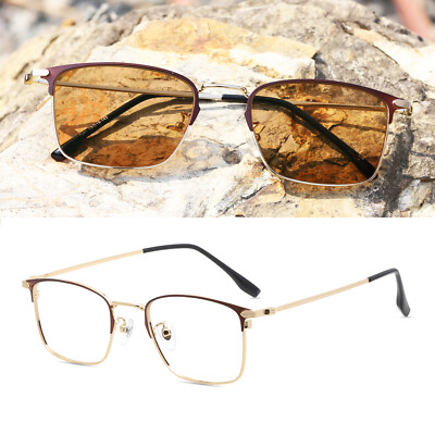 Men Business Metal Full Rim Reading Glasses Photochromic Brown