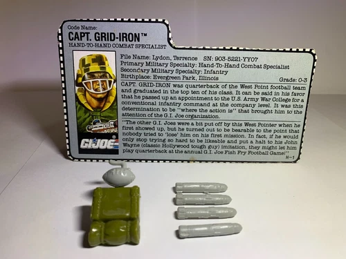 VTG 1990 GI Joe Capt. Grid Iron Backpack w/Granada, 4 Missiles & File Card