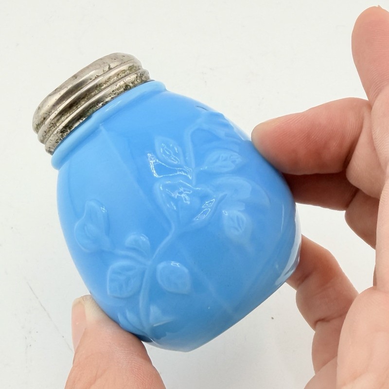 Antique Fostoria Flower Sprig Blue Opal Glass Shaker c1897 Original Lid