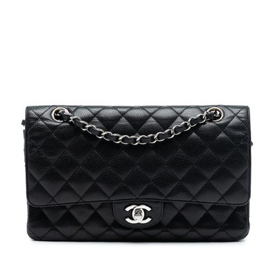 Chanel Medium Classic Caviar Double Flap Pre-Loved Schultertasche Schwarz