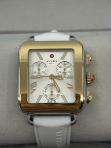 Authentic Michele Deco Sport Chronograph Gold-Plated White Silicone Watch MWW06K000069