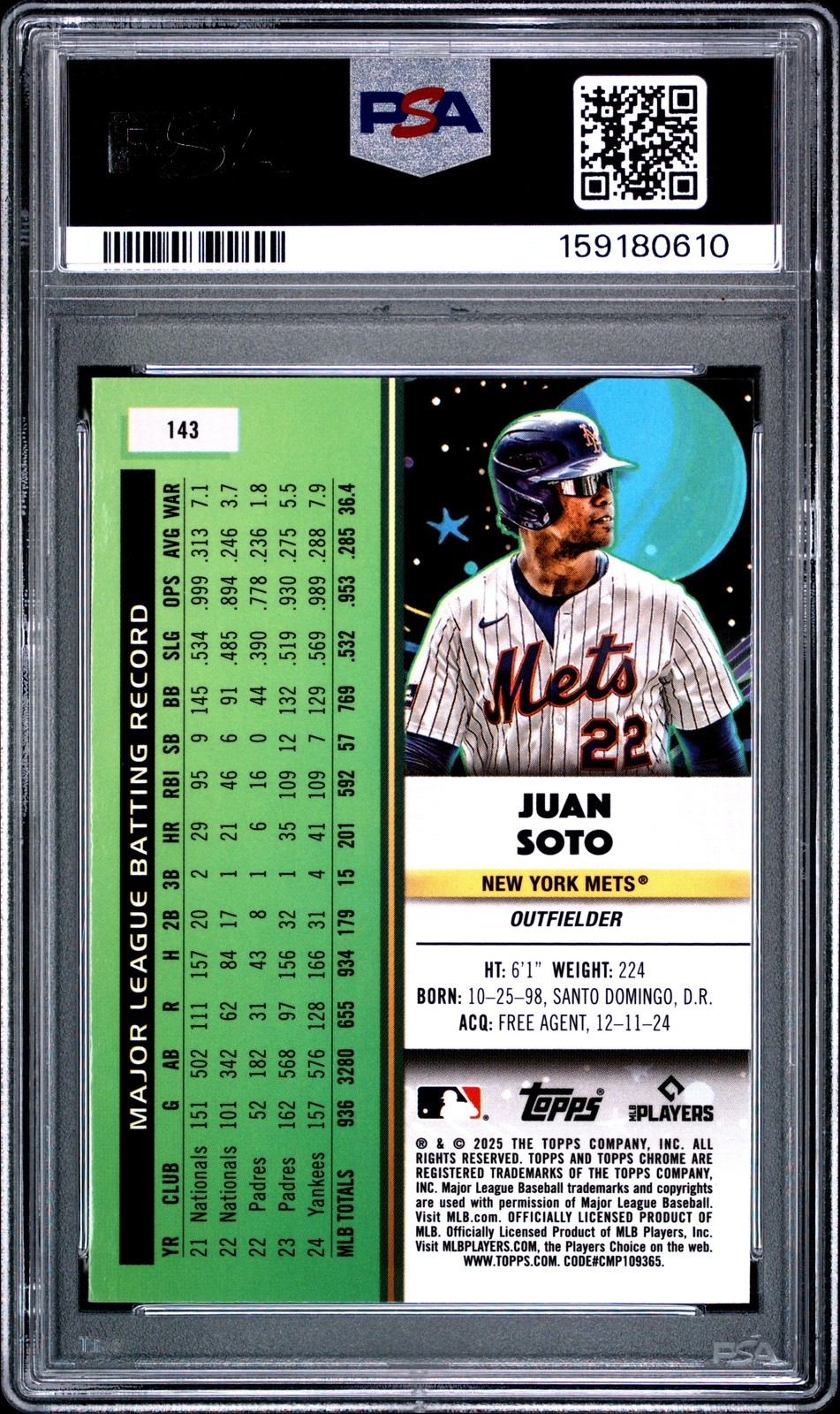 2025 TOPPS COSMIC CHROME PURPLE NEBULA #143 JUAN SOTO 048/150 PSA 10 view 2