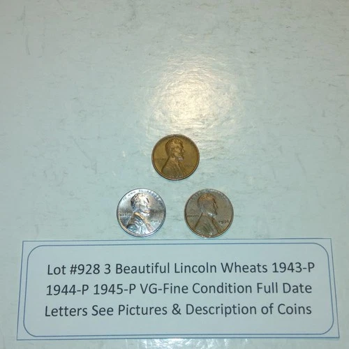 Lot #928 3 Beautiful Lincoln Wheats 1943-P 1944-P 1945-P  VG-F See Pictures