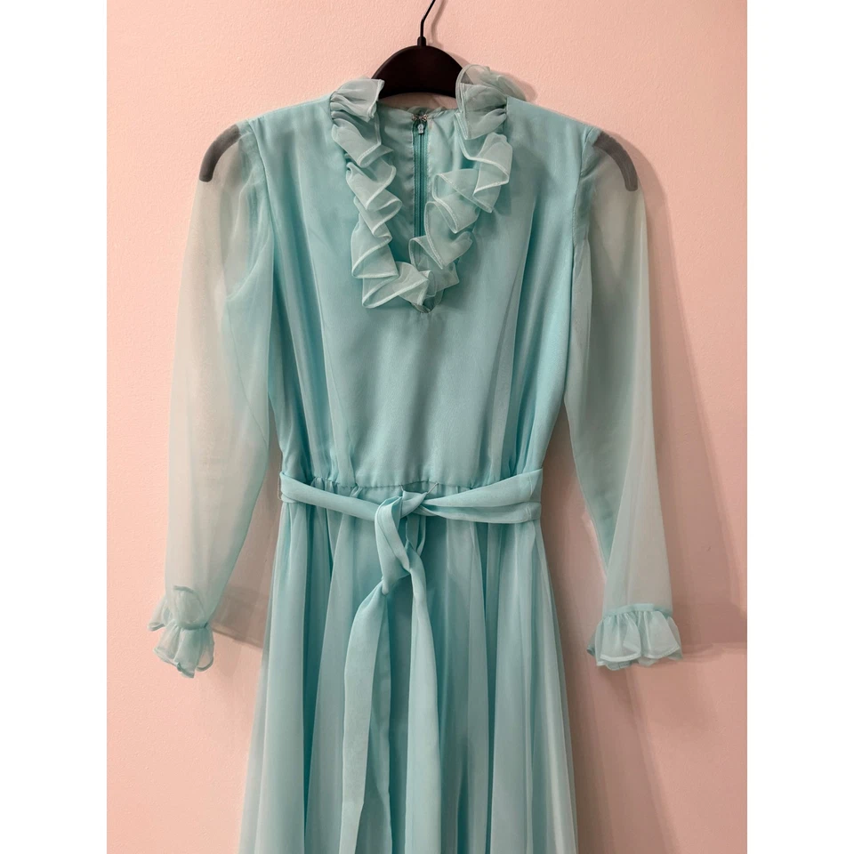 Vintage robins egg Blue Ruffle Neck Dress Long Sleeve Belted Formal Gown XS-S - Image 3 of 4