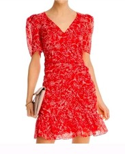 Parker Krislyn 100% Silk Red And White Floral Printed Ruched Mini Dress Size 4