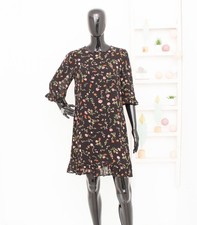 GANNI Crepe Dress Black Floral Pleated Ruffle Cuffs & Hem Women's Size 36