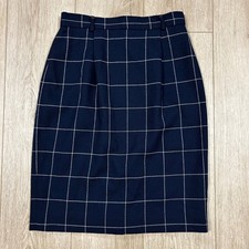 Vintage Navy Blue Windowpane Plaid 100 Wool Pencil Skirt Small 27" 10P