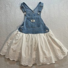 OshKosh Bgosh Girls Denim Eyelet Lace Bib Overall Dress Light Wash White Skirt