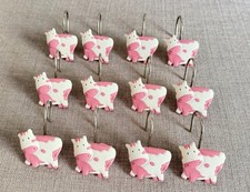Shower Curtain Cow Resin hooks Set 12 Pink And White Farm Animal Bathroom Decor