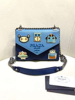 Prada Robot Badge Chain Bag Blue Color-block Calfskin   Shoulde Crossbody