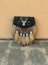 Men Black Leather Stag Head Badge 5 Tassels Kilt Brown Sporran With Chain Belt