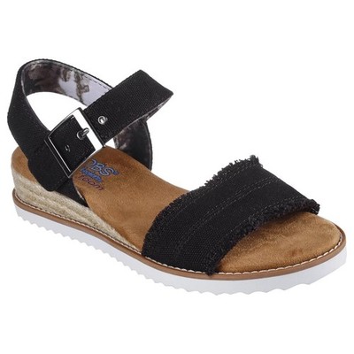 BOBS by Skechers Desert Kiss Women Sandal Size 6 Black Wedge Strappy Memory Foam