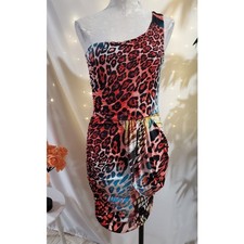 Lumi USA Vtg Y2K Slinky Stretch One Shoulder Leopard Print Bodycon Dress Size L