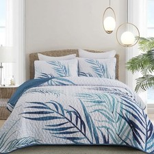 Botanical Quilt Set,3 Pieces Teal Palms Tree Bedspread Reversible Queen Blue
