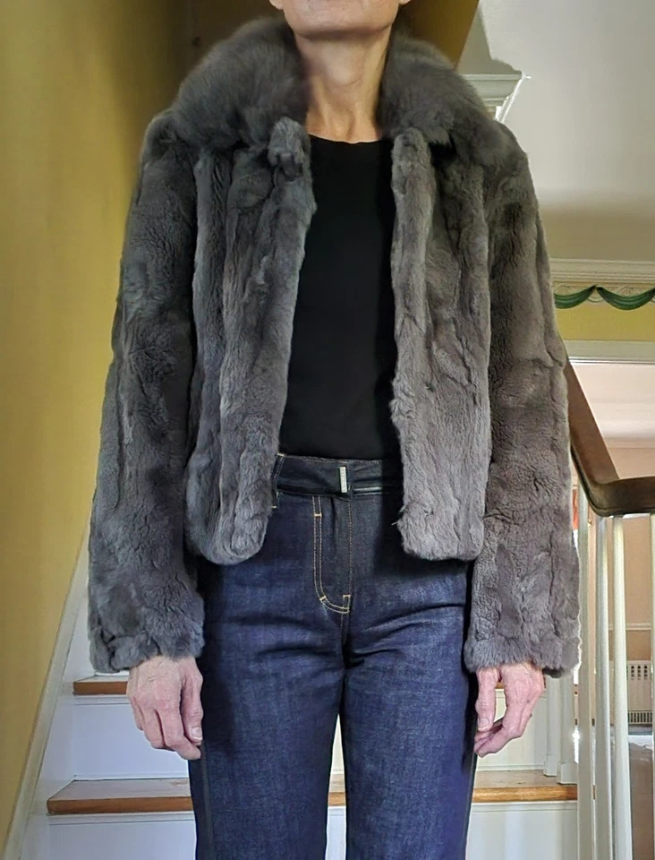 FRR Canada genuine rex rabbit fur jacket w/ fox collar, S, gray, hook & eye - Image 2 of 4