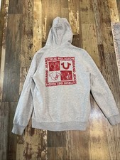 True Religion Men's Gray Logo Graphic Core Fleece Lined Full Zip Hoodie Large