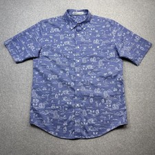Criquet Shirt Mens Medium Blue Golf Camper Print Short Sleeve Button Down Cotton
