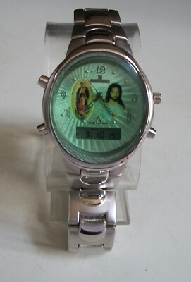 Men's Fashion Silver Finish Mother Mary & Jesus 2 Time Zone, Alarm & Stop Watch