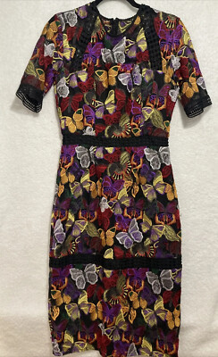 Anthropologie Vone Womens Small Dress Butterfly Tiered Black Embroidered