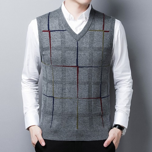 Mens Checked V-Neck Knit Sweater Vest Warm Pullover Sleeveless Casual Waistcoat - Picture 6 of 17
