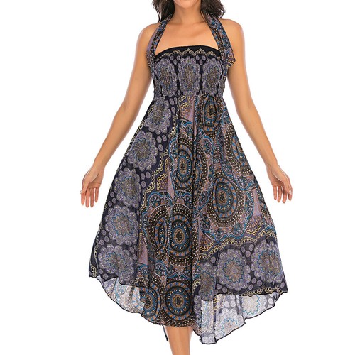 Women's Maxi Boho Skirt Summer Elastic Waist Halter Bohemian Beach Coverup Dress - Picture 20 of 27