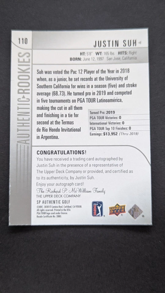 2021 SP Authentic Golf Authentic Rookies Auto Justin Suh RC 284/799 READ - Image 3 of 4