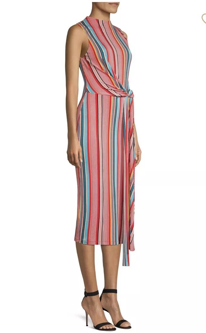 Alice + Olivia Delora Mock Neck Fitted Dress Striped Stretch Midi Size 4  NEW | eBay