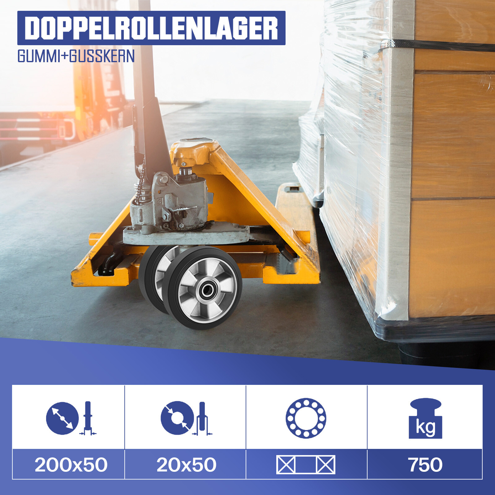 2Tlg Lenkrad Elastik Gummi 200x50 Hubwagen Räder Rollen Stapler Hubwagenräder