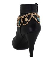Women Gold Metal Boot Chain Bracelet Shoe Turquoise Cross Charm Wave Greek Coins