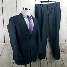Kenneth Cole Reaction 38R 2 Button Blue 2pc Suit 33x29 Flat Front 