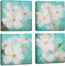 Set of 4 12"x12" Teal Floral Home Decor Canvas Wall Art Wall Decor Artwork