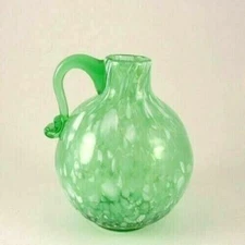 Mid Century Green & White Spatter Glass Jug Pitcher Vase