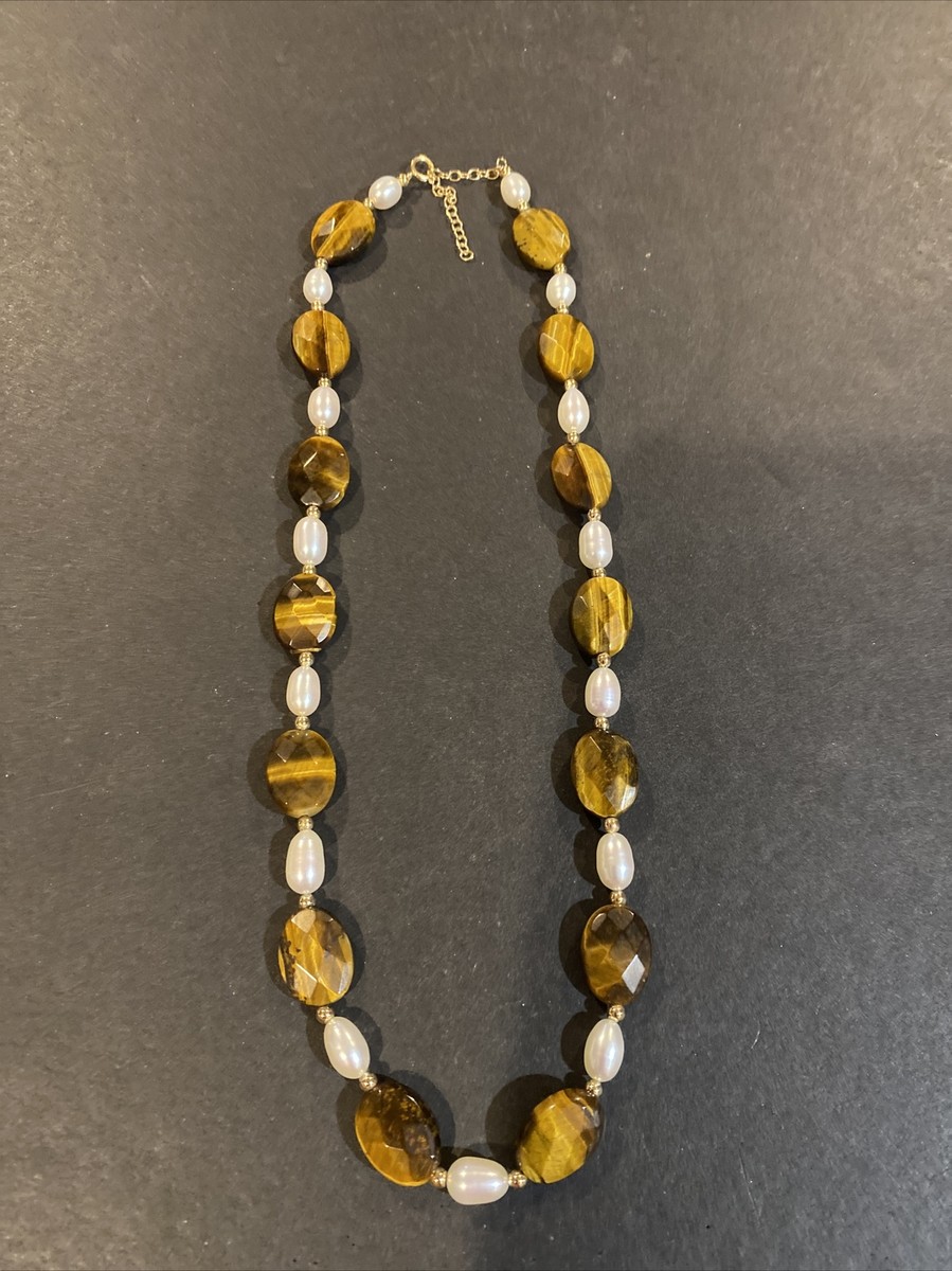 Beautiful Tiger Eye Pearl Necklace With 14k Gold Beads And Clasp