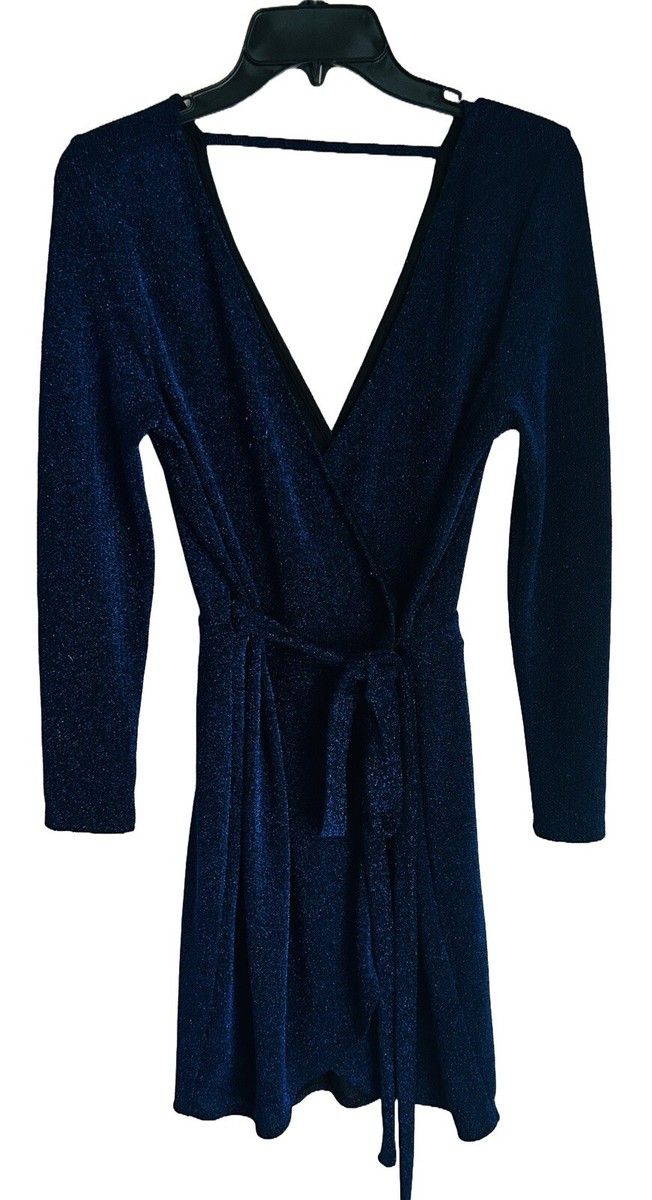 Topshop Blue Glitter Wrap Dress Sz 6 Cocktail Party Club Long Sleeve  Stretchy | eBay