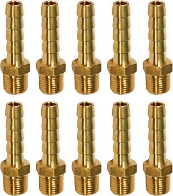 10 Pcs Brass Hose Barb x Male Reducing Adapter 1/4in HB x 1/8'' MIP Pipe Fitting