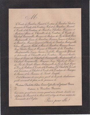 1887 Sterbeurkunde Gräfin von BOURBON-BUSSET geboren GONTAUT-BIRON - Allier.