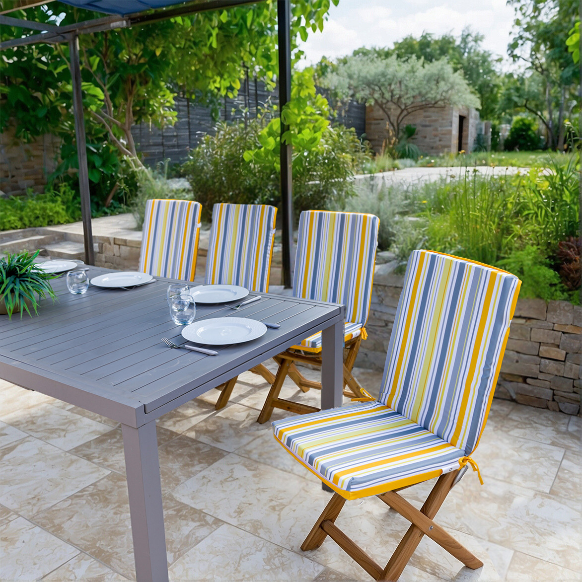 Coussins pour chaises motif rayures solaires imperméables et rembourrés en mousse haute densité