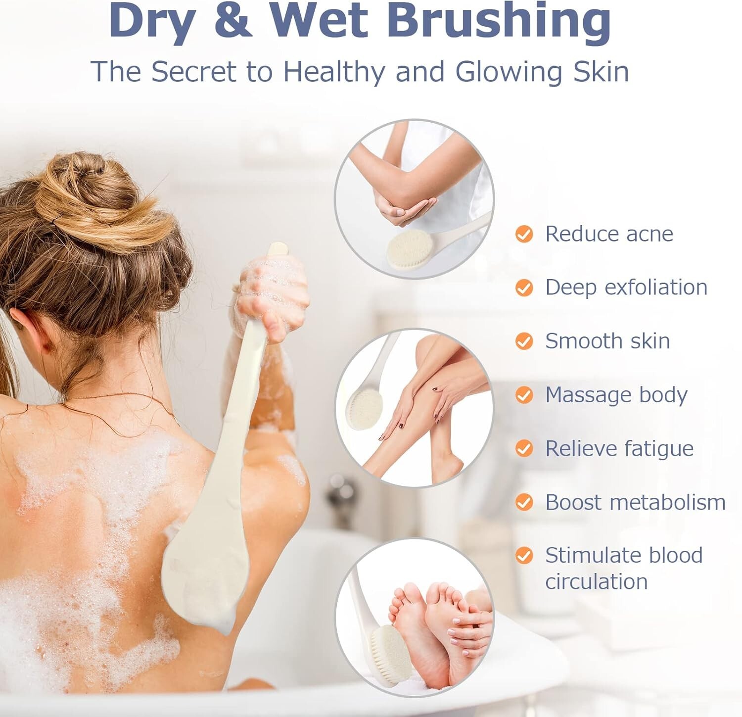 Body Brush Back Scrubber, 17 in Never Mold Back Brush Long Handle For Shower