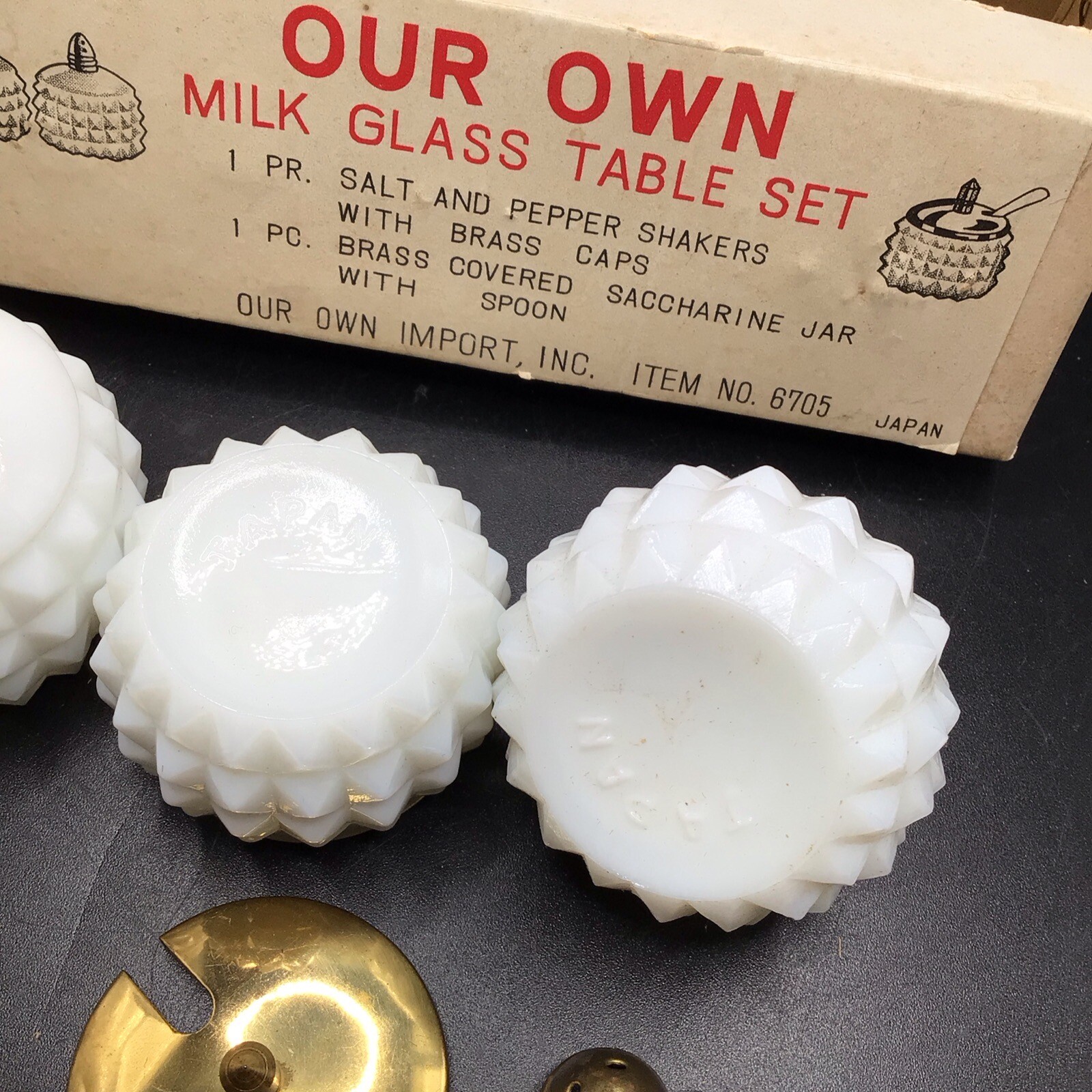 Vtg Milk Glass Diamond Point Salt & Pepper Shakers Saccharine Jar box