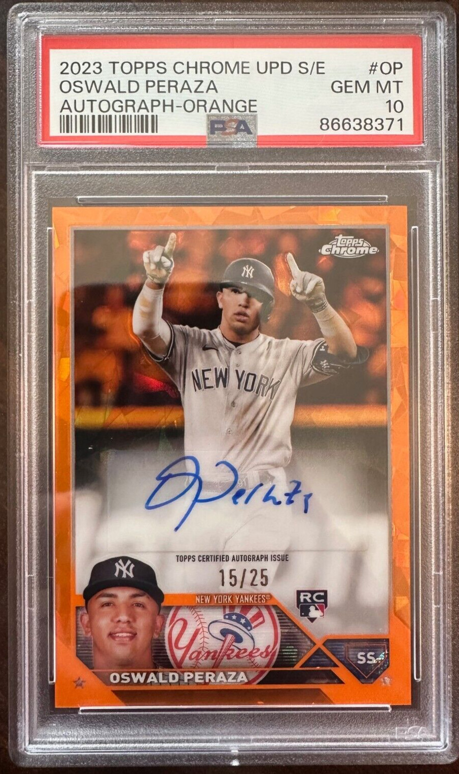 2023 Topps Chrome Sapphire Oswald Peraza Rookie Auto /25 PSA 10 ORANGE Yankees