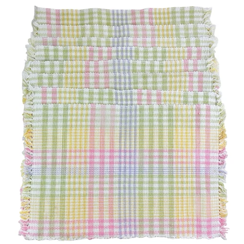 Vintage Woven Cotton Placemats Set 8 Handloom Plaid Pastel Spring Easter 13"x18"