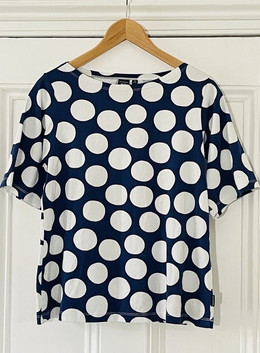 Marimekko Uniqlo Womens Navy Blue White Polka Dot T-Shirt Top XS UK 6-8 EU  34-36