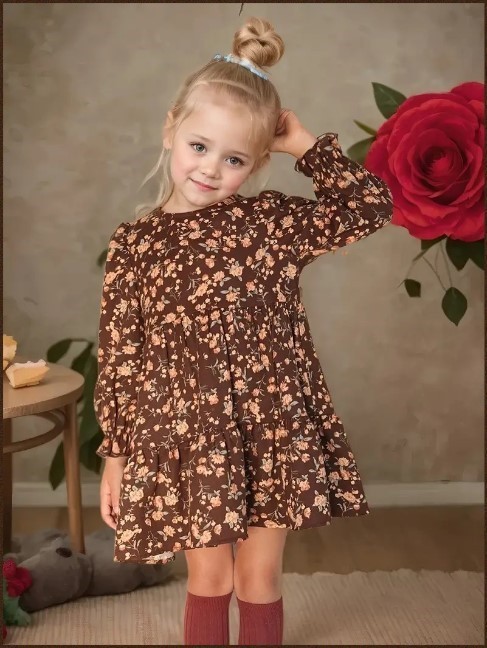 NWT YOUNG GIRLS size 6 BROWN FALL FLORAL  LONG SLEEVE DRESS