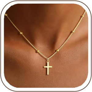 Authentic Cross Necklace for Women Girls, 14K Gold Plated Pendant Necklace | Dainty Beaded