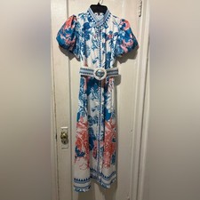 Sunday Blue, White & Coral Printed Maxi Dress with Belt