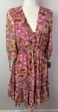 Taylor Pink Floral 3/4 Sleeve V-Neck Button Ruffle Trim Smocked Mini Dress Sz 10