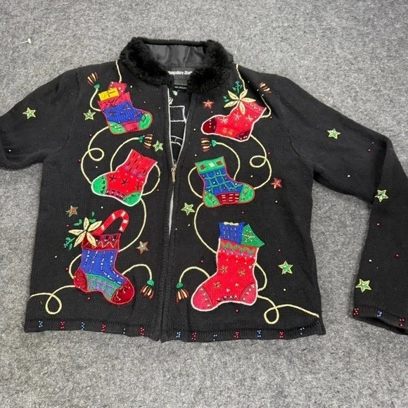 Hampshire Studio Black Christmas Zip Up Fur Collar Cardigan Sweater Women P/S - Image 2 of 4