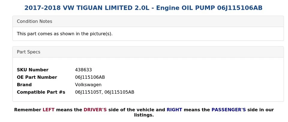 2017-2018 VW TIGUAN LIMITED 2.0L - Engine OIL PUMP 06J115106AB - Image 4 of 4